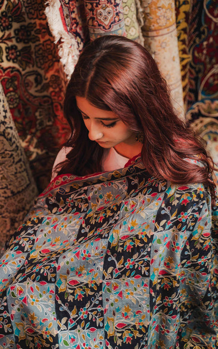 Kashmiri Kalamkari Shawl - Black Hamdan | Zari Outline - Kashmir Jama