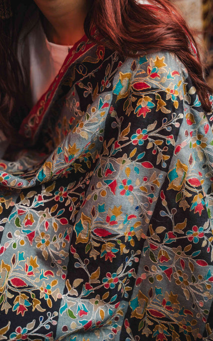 Kashmiri Kalamkari Shawl - Black Hamdan | Zari Outline - Kashmir Jama
