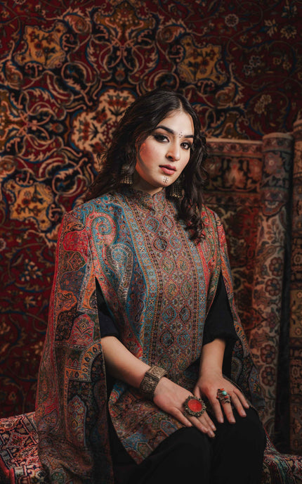 Kashmiri Kani Work Cape Coat - Multi Colour - ARTISANS KASHMIR