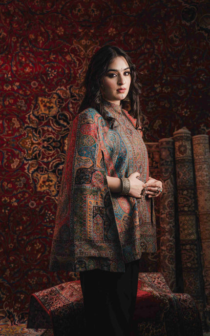 Kashmiri Kani Work Cape Coat - Multi Colour - ARTISANS KASHMIR