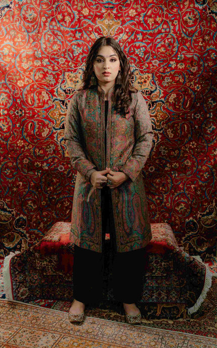 Kashmiri Kani Work Jacket - Long | Silk - ARTISANS KASHMIR