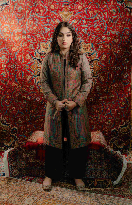 Kashmiri Kani Work Jacket - Long | Silk - ARTISANS KASHMIR