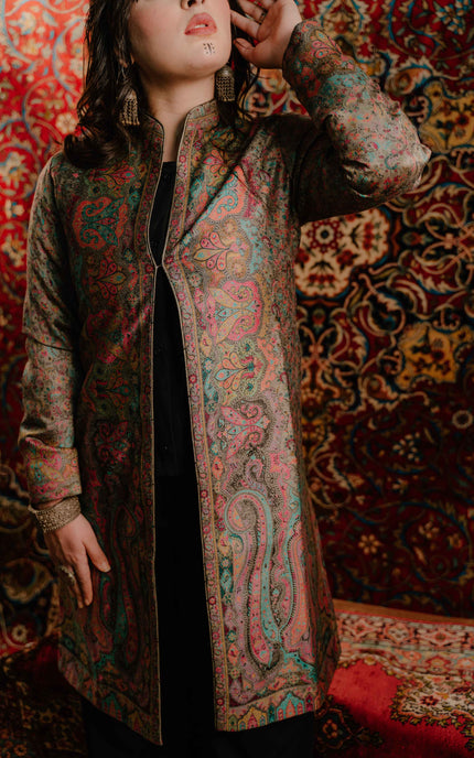 Kashmiri Kani Work Jacket - Long | Silk - ARTISANS KASHMIR