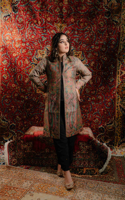 Kashmiri Kani Work Jacket - Long | Silk - ARTISANS KASHMIR