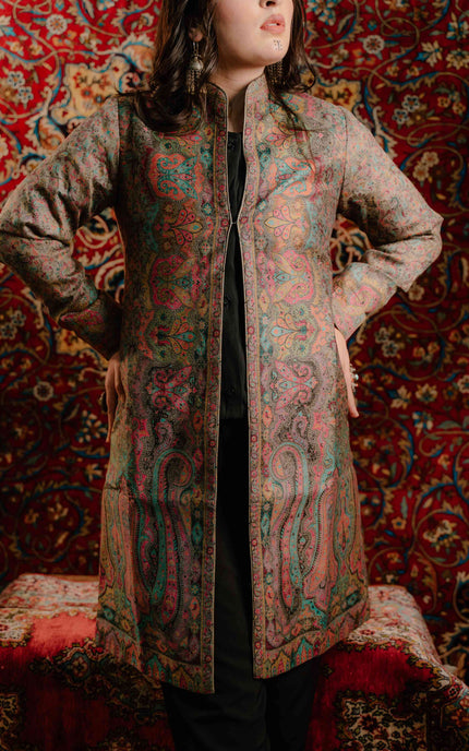 Kashmiri Kani Work Jacket - Long | Silk - ARTISANS KASHMIR