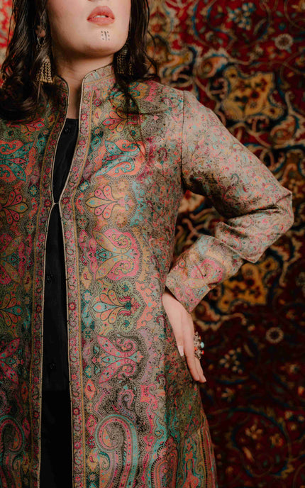 Kashmiri Kani Work Jacket - Long | Silk - ARTISANS KASHMIR