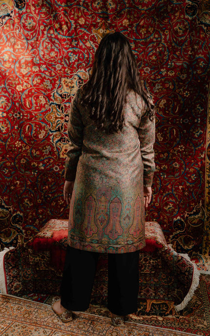 Kashmiri Kani Work Jacket - Long | Silk - ARTISANS KASHMIR