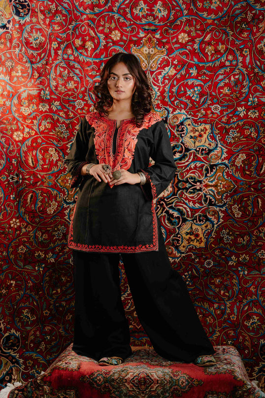 Trendy Aari Work Kurti Black With Red Embroidery - Short | Cotton - Kashmir Jama