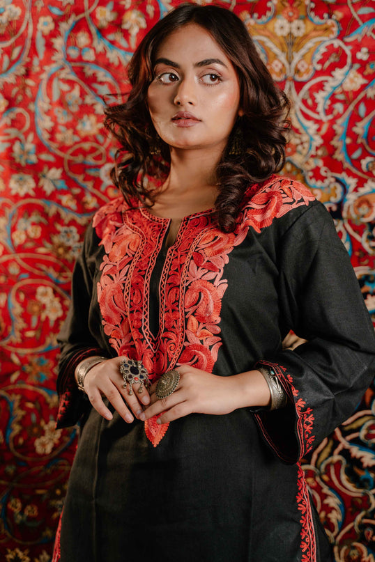Trendy Aari Work Kurti Black With Red Embroidery - Short | Cotton - Kashmir Jama