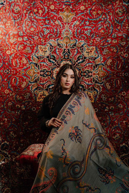 Kashmiri Kalamkari Sozni Shawl - Natural Grey | Paisley - ARTISANS KASHMIR