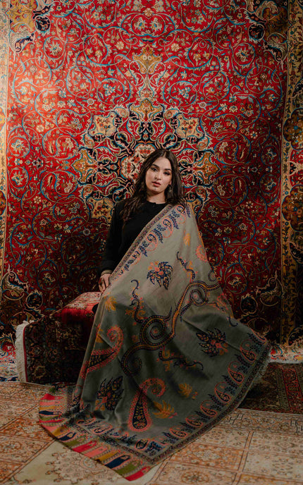 Kashmiri Kalamkari Sozni Shawl - Natural Grey | Paisley - ARTISANS KASHMIR