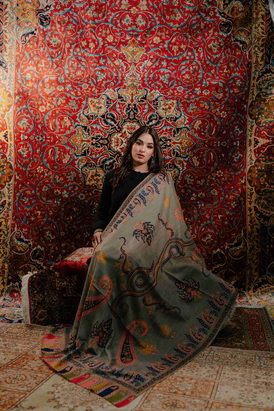 Kashmiri Kalamkari Sozni Shawl - Natural Grey | Paisley - ARTISANS KASHMIR