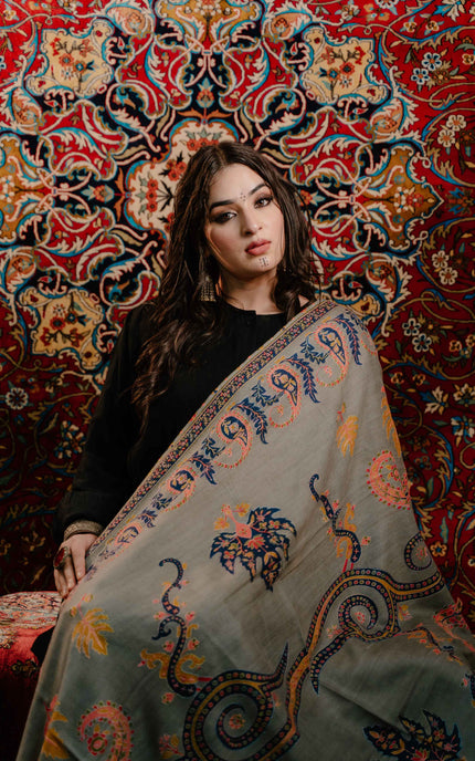 Kashmiri Kalamkari Sozni Shawl - Natural Grey | Paisley - ARTISANS KASHMIR