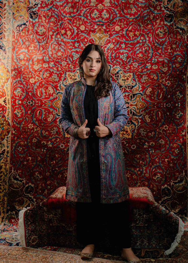 Kashmiri Kani Work Jacket - Blue | Silk - ARTISANS KASHMIR