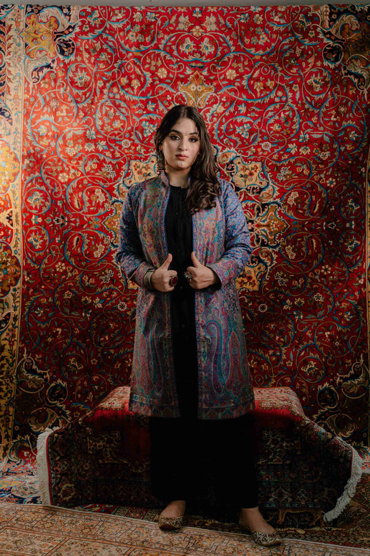 Kashmiri Kani Work Jacket - Blue | Silk - ARTISANS KASHMIR
