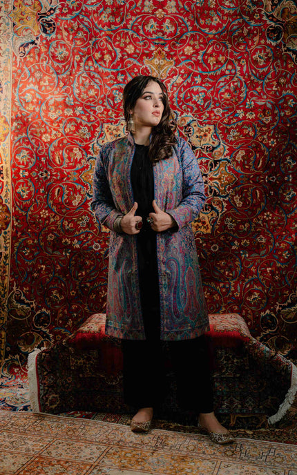 Kashmiri Kani Work Jacket - Blue | Silk - ARTISANS KASHMIR