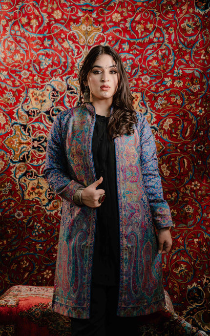 Kashmiri Kani Work Jacket - Blue | Silk - ARTISANS KASHMIR