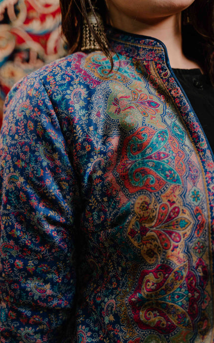 Kashmiri Kani Work Jacket - Blue | Silk - ARTISANS KASHMIR