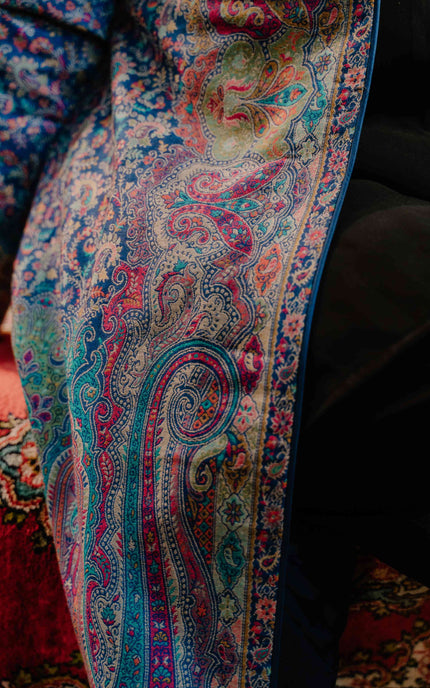 Kashmiri Kani Work Jacket - Blue | Silk - ARTISANS KASHMIR