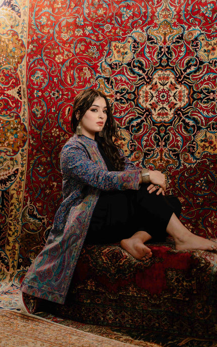 Kashmiri Kani Work Jacket - Blue | Silk - ARTISANS KASHMIR