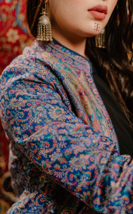 Kashmiri Kani Work Jacket - Blue | Silk - ARTISANS KASHMIR