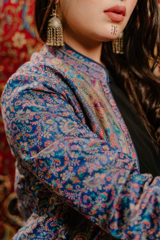Kashmiri Kani Work Jacket - Blue | Silk - ARTISANS KASHMIR