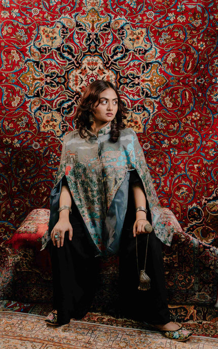 Kashmiri Kalamkari Darbar Cape Jacket - Natural | Soft Wool - ARTISANS KASHMIR