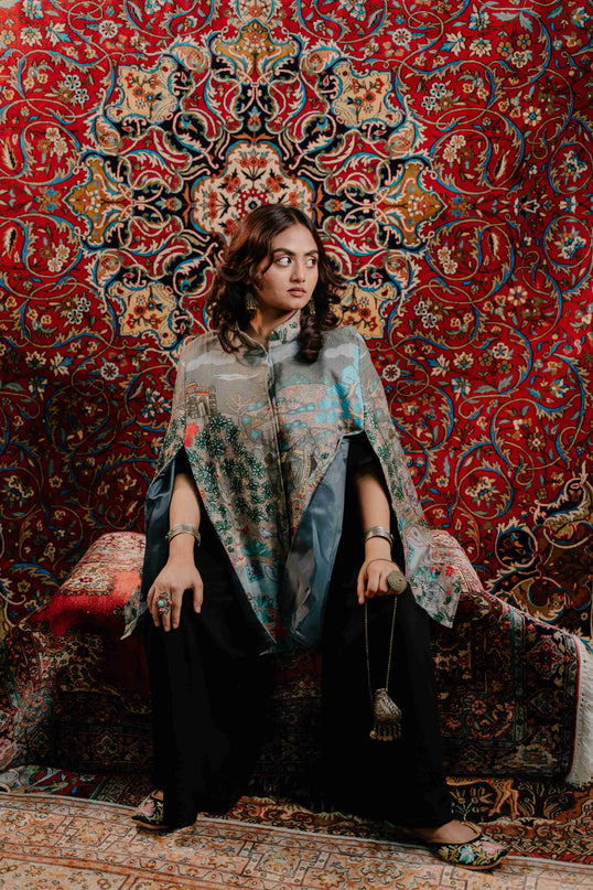 Kashmiri Kalamkari Darbar Cape Jacket - Natural | Soft Wool - ARTISANS KASHMIR