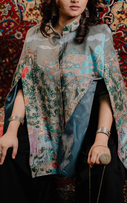 Kashmiri Kalamkari Darbar Cape Jacket - Natural | Soft Wool - ARTISANS KASHMIR