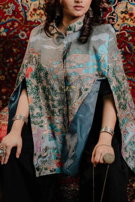 Kashmiri Kalamkari Darbar Cape Jacket - Natural | Soft Wool - ARTISANS KASHMIR