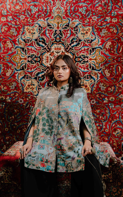 Kashmiri Kalamkari Darbar Cape Jacket - Natural | Soft Wool - ARTISANS KASHMIR