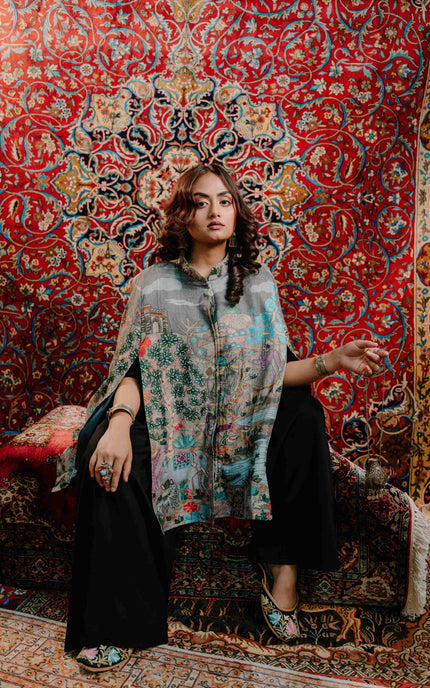 Kashmiri Kalamkari Darbar Cape Jacket - Natural | Soft Wool - ARTISANS KASHMIR