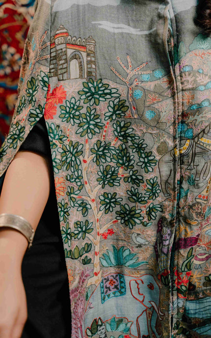 Kashmiri Kalamkari Darbar Cape Jacket - Natural | Soft Wool - ARTISANS KASHMIR