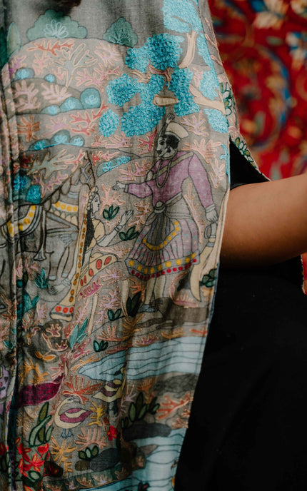 Kashmiri Kalamkari Darbar Cape Jacket - Natural | Soft Wool - ARTISANS KASHMIR