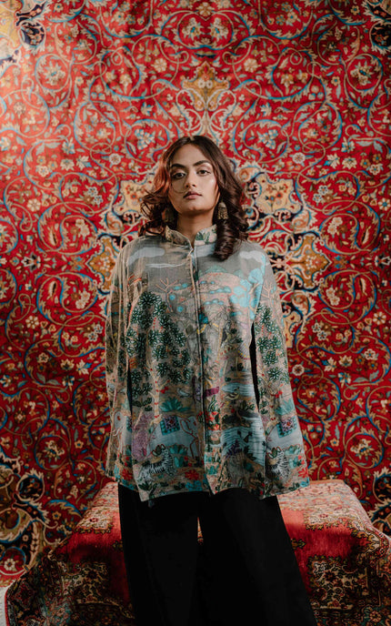 Kashmiri Kalamkari Darbar Cape Jacket - Natural | Soft Wool - ARTISANS KASHMIR