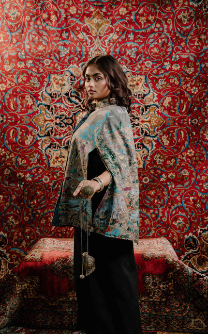 Kashmiri Kalamkari Darbar Cape Jacket - Natural | Soft Wool - ARTISANS KASHMIR