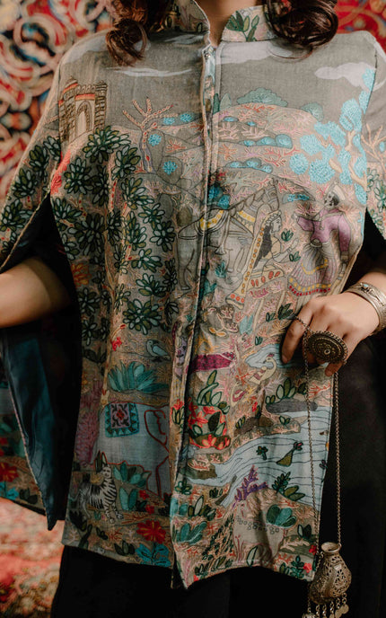 Kashmiri Kalamkari Darbar Cape Jacket - Natural | Soft Wool - ARTISANS KASHMIR