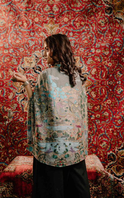 Kashmiri Kalamkari Darbar Cape Jacket - Natural | Soft Wool - ARTISANS KASHMIR