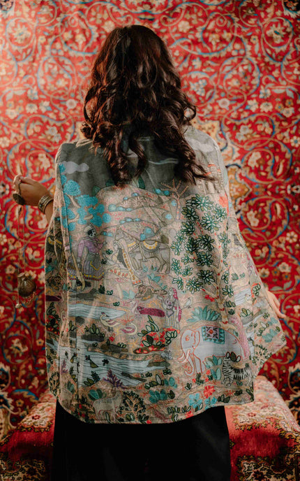 Kashmiri Kalamkari Darbar Cape Jacket - Natural | Soft Wool - ARTISANS KASHMIR