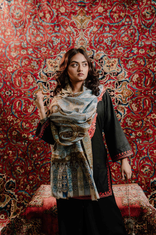 Kashmiri Kalamkari Sozni Work Stole - Grey Brown | Classical - ARTISANS KASHMIR