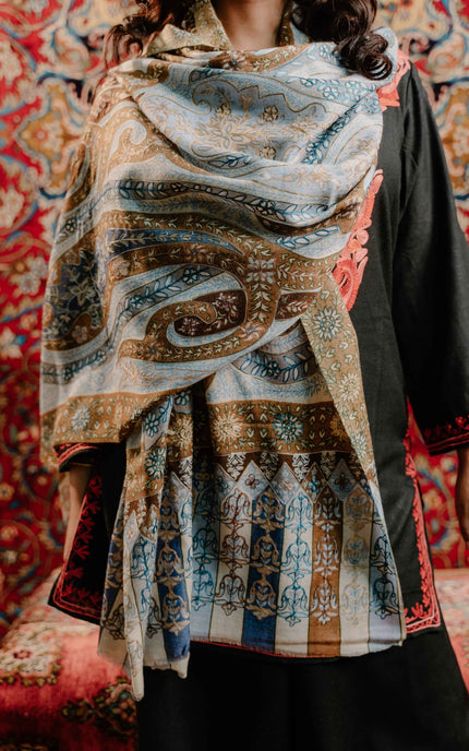 Kashmiri Kalamkari Sozni Work Stole - Grey Brown | Classical - ARTISANS KASHMIR