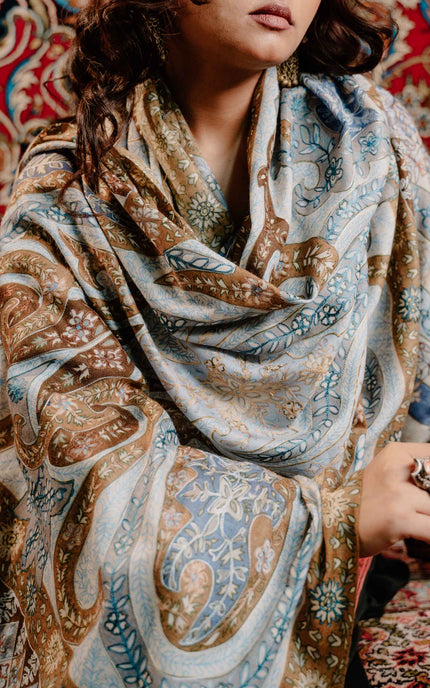 Kashmiri Kalamkari Sozni Work Stole - Grey Brown | Classical - ARTISANS KASHMIR
