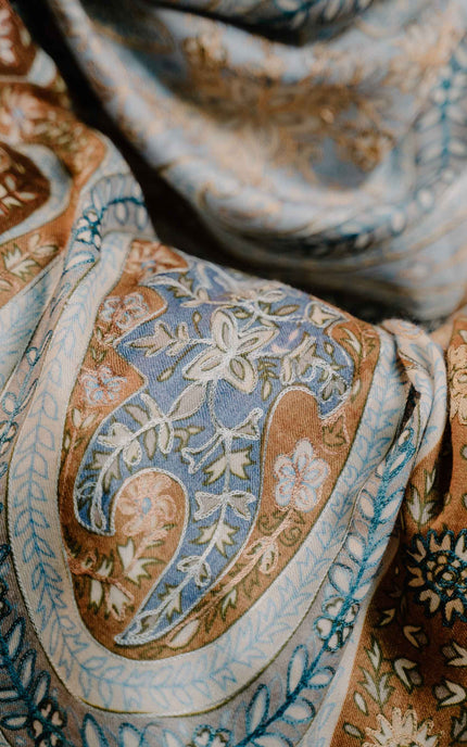 Kashmiri Kalamkari Sozni Work Stole - Grey Brown | Classical - ARTISANS KASHMIR