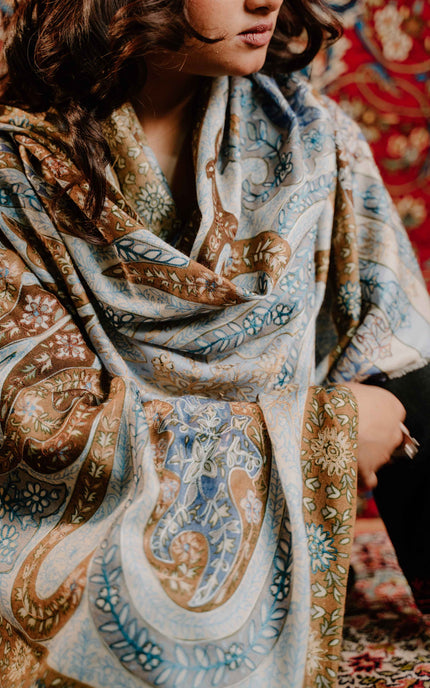 Kashmiri Kalamkari Sozni Work Stole - Grey Brown | Classical - ARTISANS KASHMIR