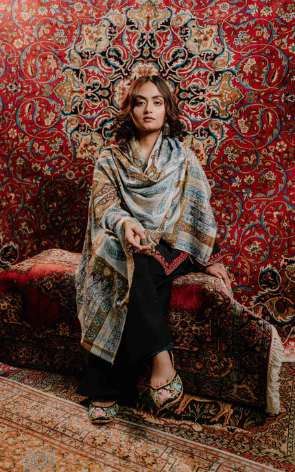 Kashmiri Kalamkari Sozni Work Stole - Grey Brown | Classical - ARTISANS KASHMIR