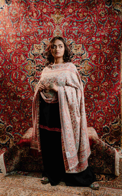 Kashmiri Kani Shawl - White | Jamawar - Kashmir Jama