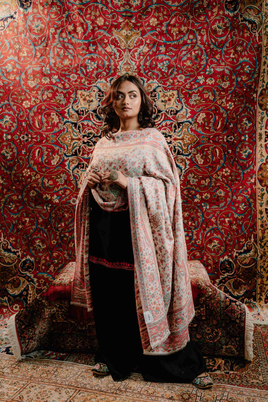 Kashmiri Kani Shawl - White | Jamawar - ARTISANS KASHMIR