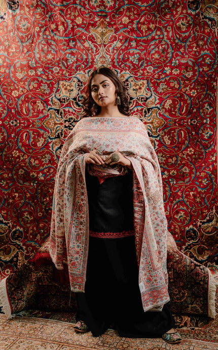 Kashmiri Kani Shawl - White | Jamawar - Kashmir Jama