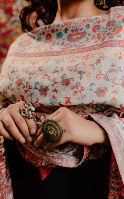 Kashmiri Kani Shawl - White | Jamawar - Kashmir Jama