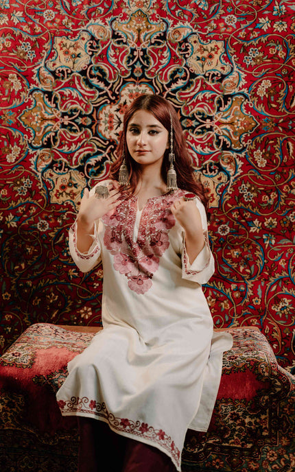 Kashmiri White Aari Work Cotton Kurti - White | Long - Kashmir Jama